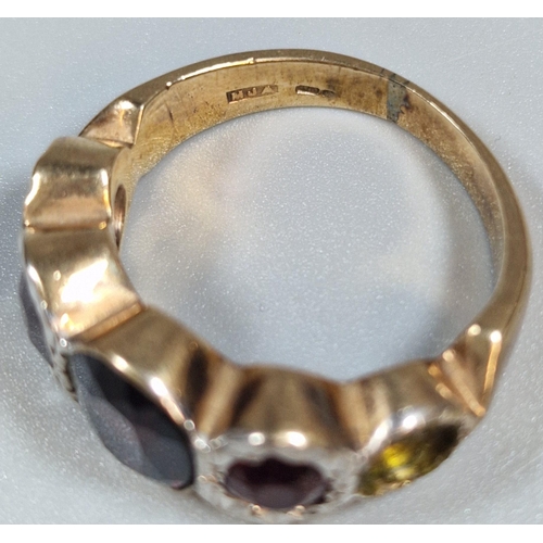 318 - 9ct gold red five stone dress ring, one stone missing. 7.8g approx. Size O. (B.P. 21% + VAT)