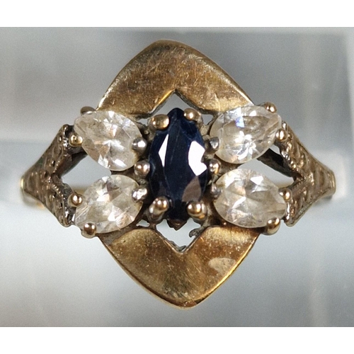 319 - 9ct gold dress ring, the blue and clear stones formed as an insect. 2.7g approx. Size M1/2. (B.P. 21... 