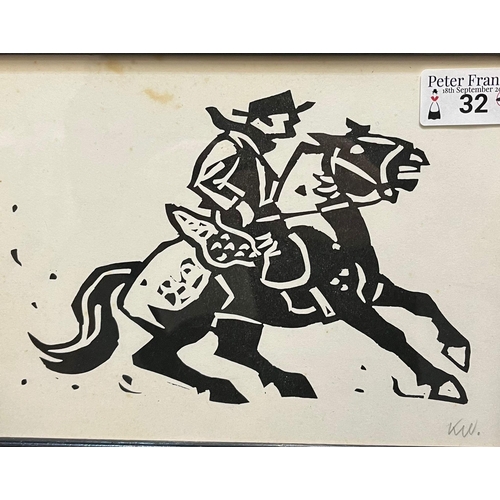 32 - Sir John Kyffin Williams, RA, KBE (Welsh 1918-2006), 'Patagonian Horseman'. Monochrome print signed ... 