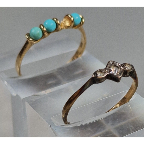 324 - 9ct gold four stone turquoise dress ring, one stone missing. 1.5g approx. Size R, together with anot... 