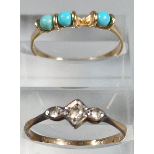 324 - 9ct gold four stone turquoise dress ring, one stone missing. 1.5g approx. Size R, together with anot... 