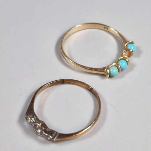 324 - 9ct gold four stone turquoise dress ring, one stone missing. 1.5g approx. Size R, together with anot... 