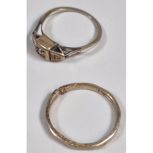 327 - 9ct gold wedding band. 1.1g approx. Together with a gold indistinctly marked ring inset with a tiny ... 