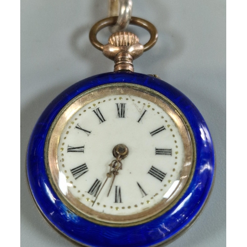 335 - Pretty continental silver and enamel ladies' pendant keyless fob watch with silver enamelled bow sus... 