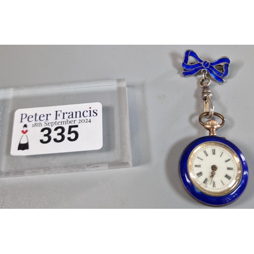 335 - Pretty continental silver and enamel ladies' pendant keyless fob watch with silver enamelled bow sus... 