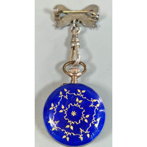 335 - Pretty continental silver and enamel ladies' pendant keyless fob watch with silver enamelled bow sus... 