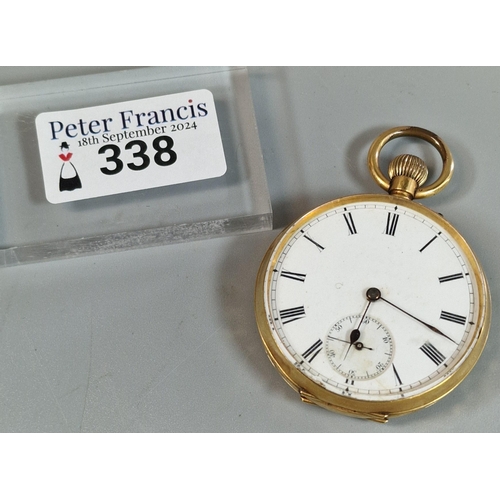 338 - 18ct gold outer cased keyless open face pocket watch with Roman numerals to the enamel face with sec... 