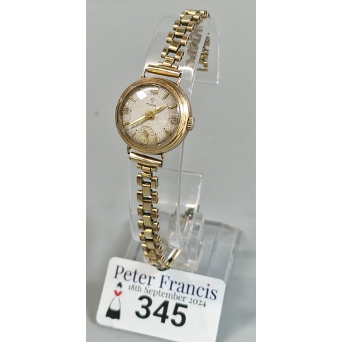 345 - Lady's 9ct gold Tudor small head cocktail watch with satin face, Baton numerals and seconds dial on ... 