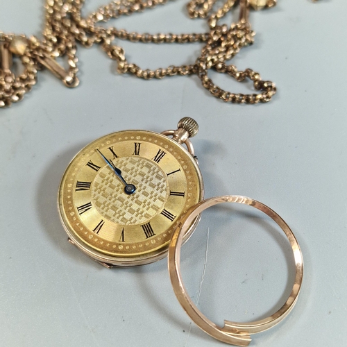 346 - 9ct gold fancy engine turned open faced keyless fob watch with Roman numerals, together with a long ... 