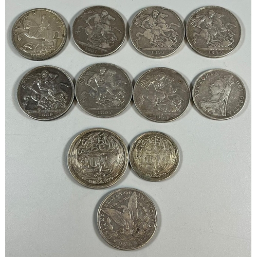 355 - Small box of coinage to particularly include: 5 silver Victorian crowns, George IV silver crown 1821... 