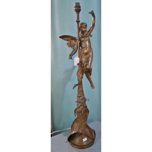 391 - Art Nouveau French bronze figural lamp base, modelled as a semi-clad angel, the foliate and tapering... 