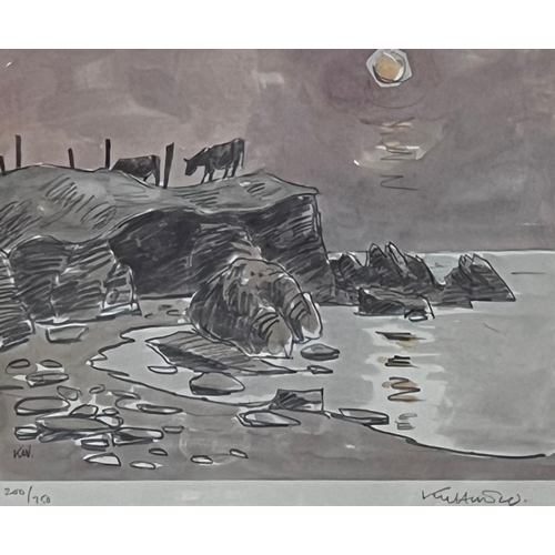 40 - After Sir John Kyffin Williams, RA, KBE (Welsh 1918-2006), cattle on a rocky moonlit headland, signe... 