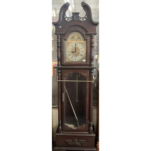 410 - 20th century Dutch style two train long case clock, with gilded brass Roman face, brass bob pendulum... 