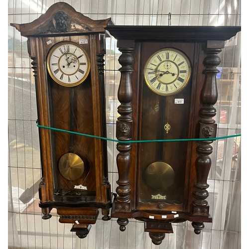 412 - Two similar early 20th century two train Vienna type wall clocks, one in distressed condition. (2) (... 