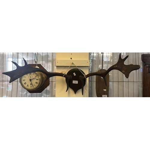 416 - Pair of Red Deer antlers mounted on oak shield. (B.P. 21% + VAT)