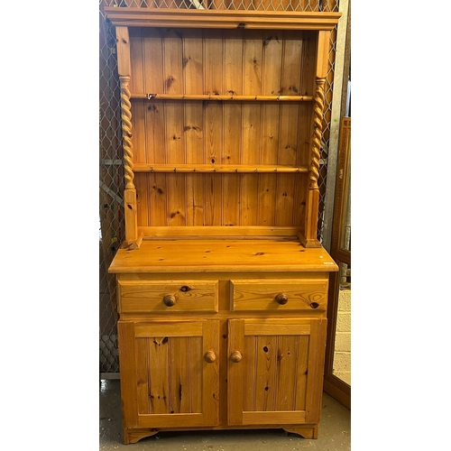 421 - Pretty modern natural pine rack backed dresser, with barley sugar supports and two drawers over two ... 