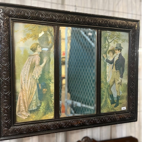 422 - Early 20th century stained and moulded framed picture mirror, with central beveled plate flanked by ... 