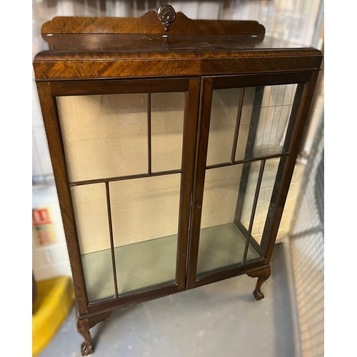 423 - Mid century mahogany china display cabinet with two glazed doors on ball and claw feet. 87cm wide ap... 