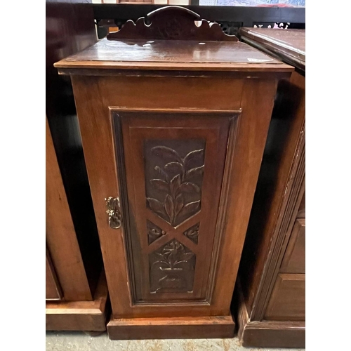 429 - Edwardian mahogany bedside pot cupboard with single foliate moulded door and raised back. 36cm wide ... 