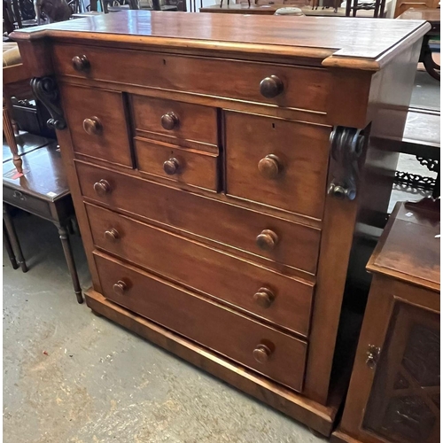 430 - Late Victorian mahogany Scotch chest, having moulded edge top with projecting scrolled corbels, long... 