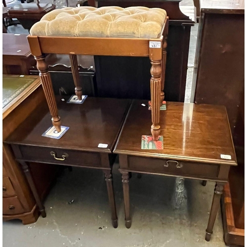 431 - Pair of modern mahogany bedside table with single drawer together with a buttoned dressing table sto... 