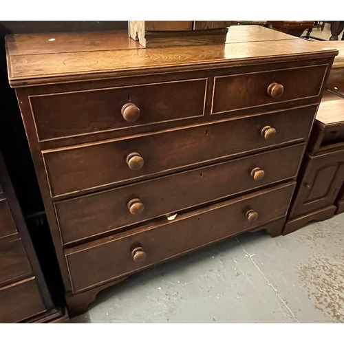 436 - 19th century oak straight front chest of two short and three long cock beaded drawers with turned kn... 