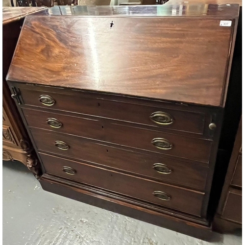 437 - George III mahogany fall front bureau, having fitted interior above four cock beaded drawers on a pl... 