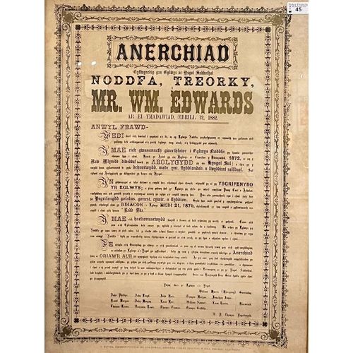 45 - 19th century framed Welsh language oration/ declaration regarding Mr William Edwards of Noddfa Treor... 