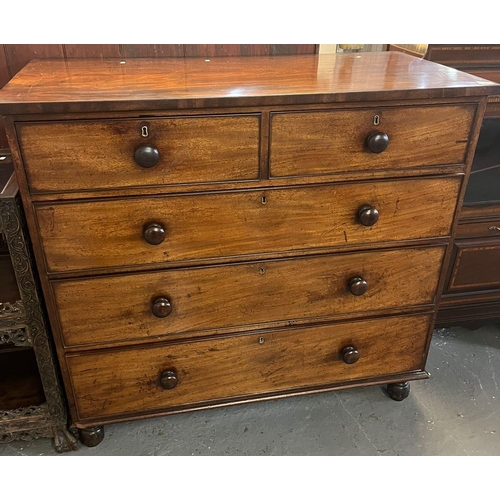 450 - Victorian mahogany straight front chest of two short and three long cock beaded drawers, having turn... 