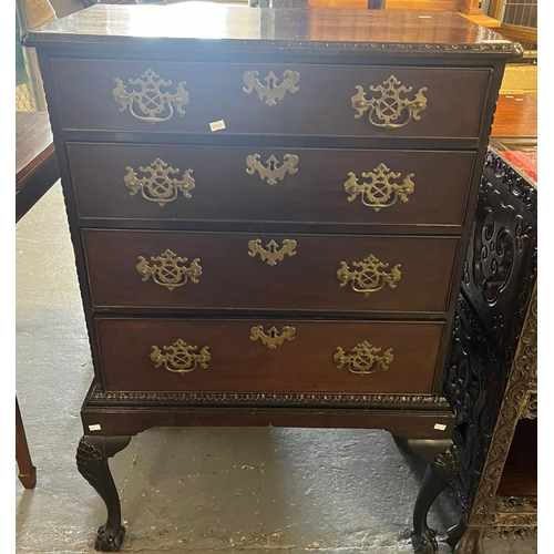 452 - Reproduction mahogany miniature chest on stand in 18th century style with moulded edged top above fo... 