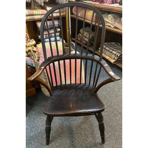 453 - 19th century primitive Welsh stick backed chair with stained finish, open arms and turned legs. (B.P... 