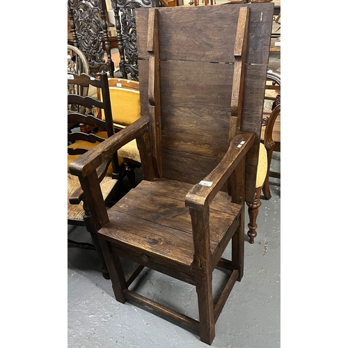 461 - Rustic oak and elm single metamorphic Monk's chair/table, with under seat drawer. (B.P. 21% + VAT)