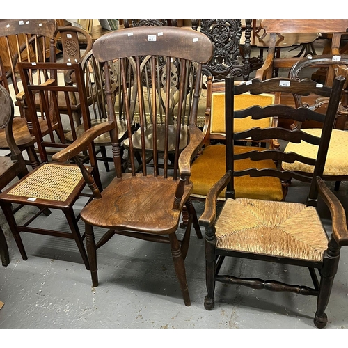 462 - Group of three assorted chairs to include: stick back bedroom chair with cane seat, spindle back kit... 