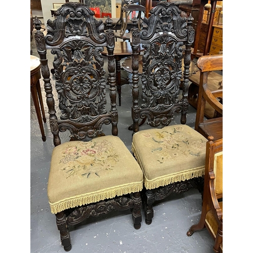 467 - Pair of Victorian stained oak Carolean style high backed side chairs with tapestry seats. (2) (B.P. ... 