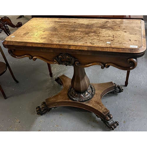 473 - Victorian mahogany fold over card table on baluster pedestal with quatrefoil base. 93cm wide approx.... 