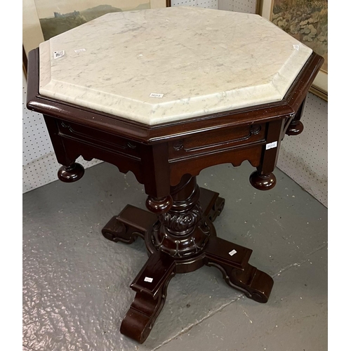 482 - Victorian Gothic design octagonal pedestal table with white veined marble top on baluster turned ped... 