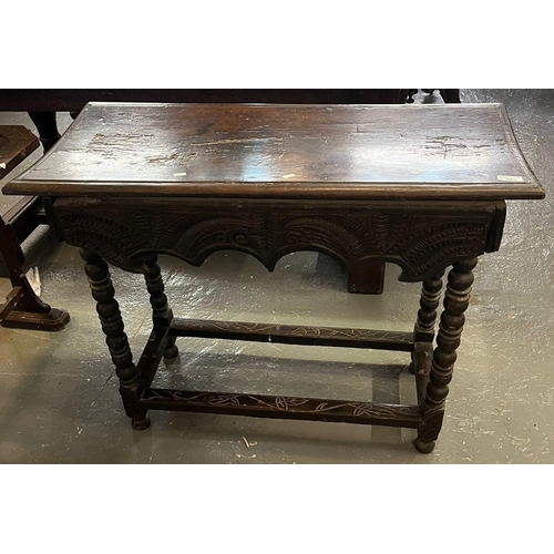 483 - 17th century oak side table on bobbin turned legs with later carved decoration. 93cm wide approx. (B... 