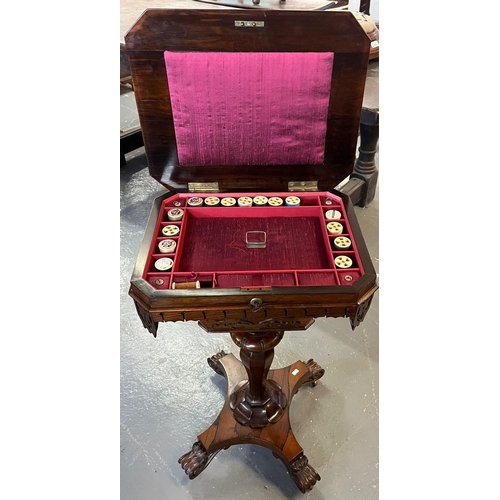 494 - Pretty 19th century rosewood ladies' work table with rectangular top having cantered angles opening ... 