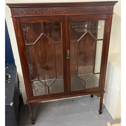 498 - Mid century mahogany china display cabinet with strap work decoration and adjustable glass shelves. ... 