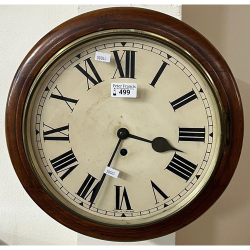 499 - Late 19th century School type wall clock with cream having having Roman numerals, and single train f... 