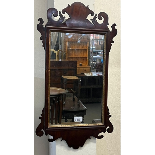 502 - 18th century style mahogany fret cut pier glass mirror with gilt slip. 67cm high approx. (B.P. 21% +... 