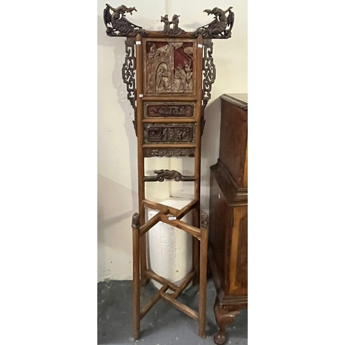 509 - Chinese design bamboo framed hall stand, decorated with carved panels and pierced mounts. (B.P. 21% ... 