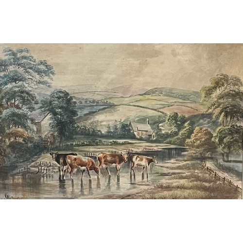 51 - Alfred Worthington (1834-1927), watermill  near Aberystwyth with cattle and chapel, signed. Watercol... 