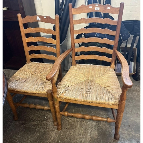 522 - Set of eight 20th century pale oak Lancashire style ladder backed dining chairs with sea grass seats... 