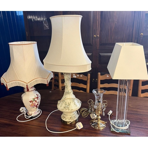 523 - Group of three table lamps with fabric shades together with a brass and glass candle holder lamp. (4... 