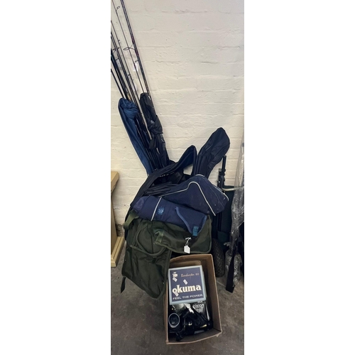 526 - Good collection of carbon fishing rods, beach casters, boat rods etc. together with a group of assor... 