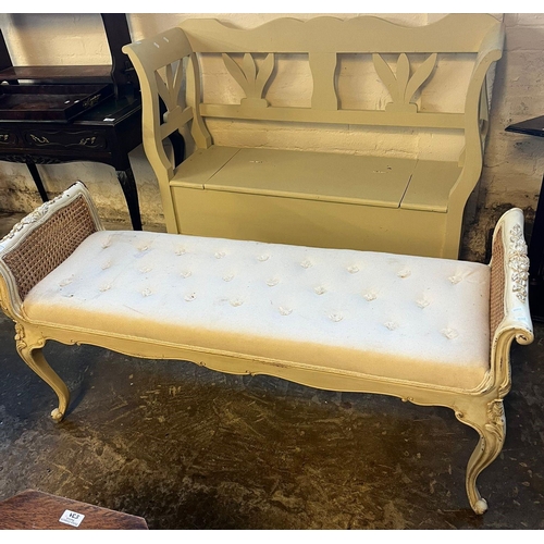 533 - 20th century painted pine settle with pierced back and box seat together with French design cane sid... 