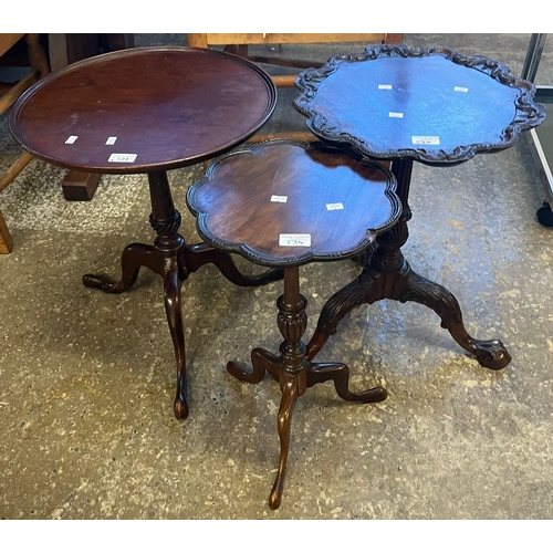 534 - Group of three assorted tripod pedestal wine tables and a small set of hanging shelves. (4) (B.P. 21... 