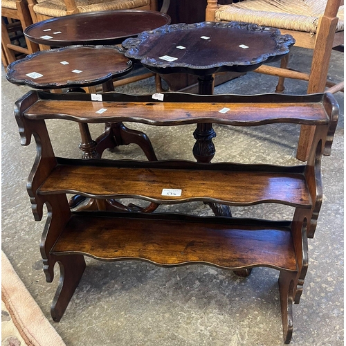 534 - Group of three assorted tripod pedestal wine tables and a small set of hanging shelves. (4) (B.P. 21... 