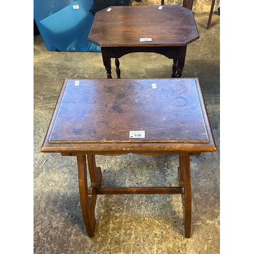 538 - Small early 20th century stained oak barley twist wine table together with an Edwardian oak prayer t... 